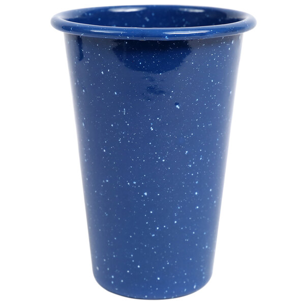 A medium blue enamelware tumbler with speckled surface.