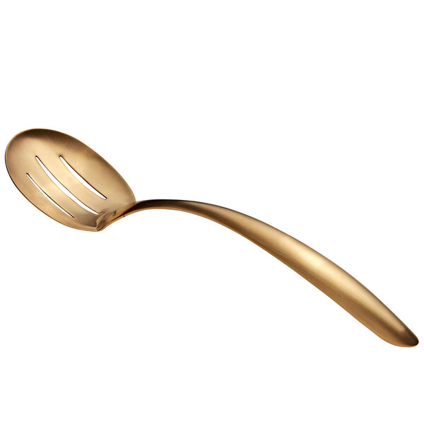 A Bon Chef gold matte stainless steel slotted serving spoon with a long handle.