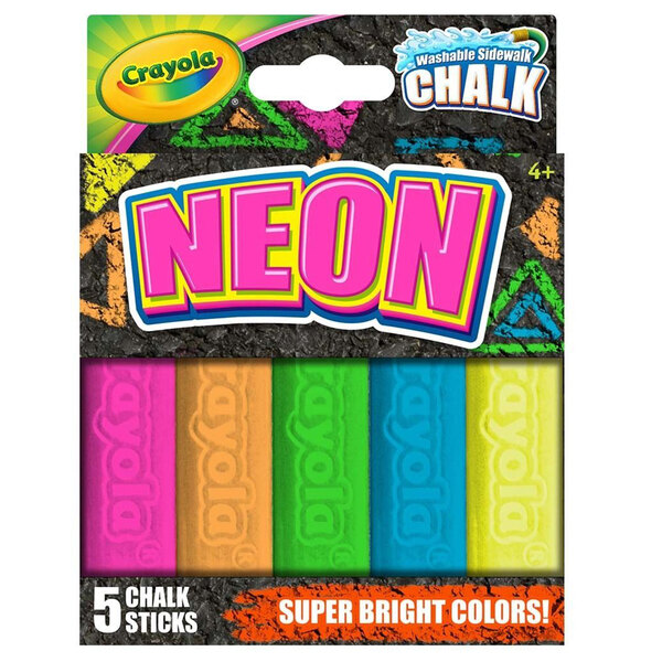 A yellow rectangular box with green text containing Crayola neon sidewalk chalk sticks in 5 colors.