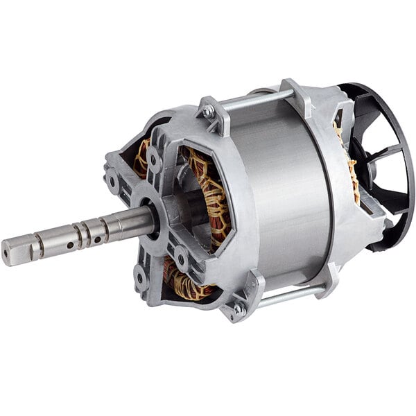 The motor for an AvaMix Revolution food processor with a metal shaft and a black wheel.