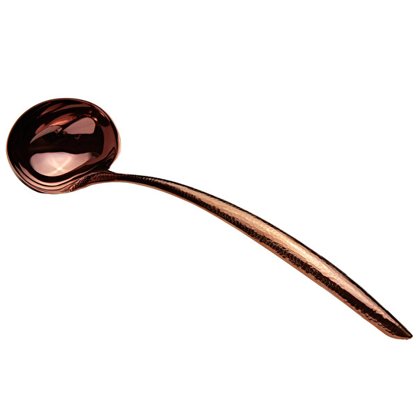 A Bon Chef rose gold stainless steel serving ladle with a hammered handle.