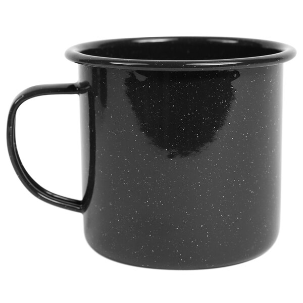 A black Crow Canyon Home enamelware mug with a handle.