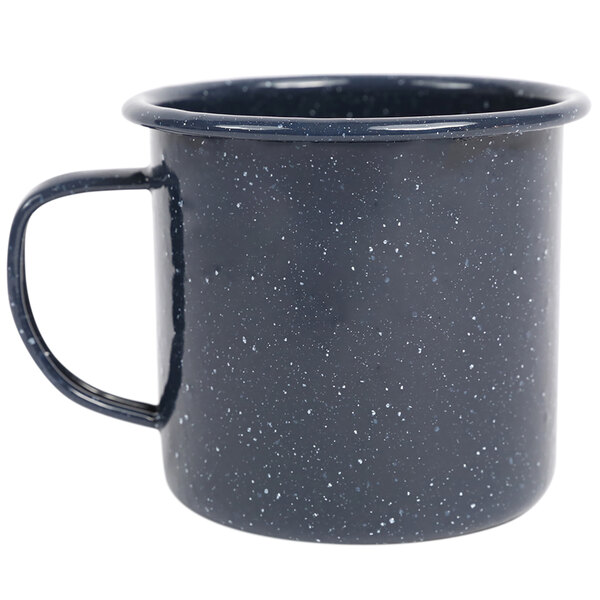 A Crow Canyon Home navy enamelware mug with a speckled design and a handle.