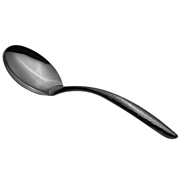A Bon Chef stainless steel serving spoon with a black hammered hollow handle.