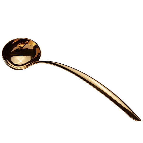 A gold Bon Chef ladle with a long curved handle.