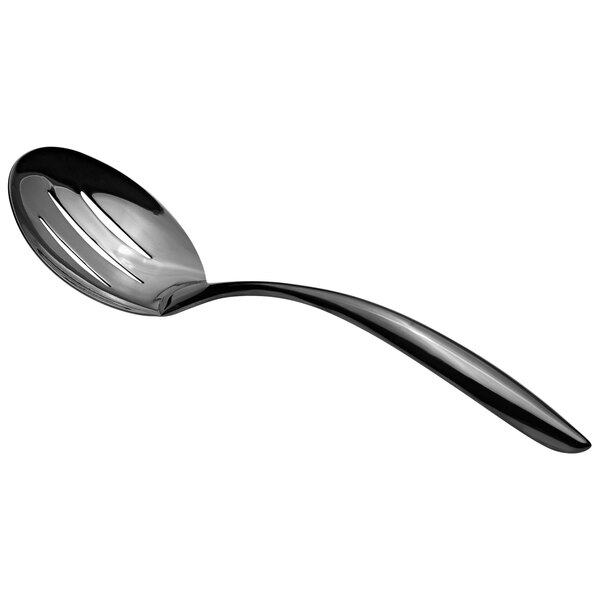 A Bon Chef black stainless steel slotted serving spoon with a long hollow handle.