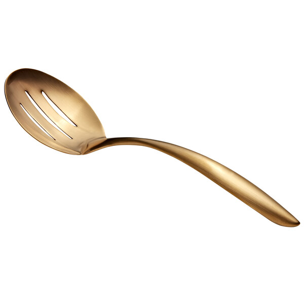 A close-up of a Bon Chef gold matte stainless steel slotted serving spoon with a hollow cool handle.