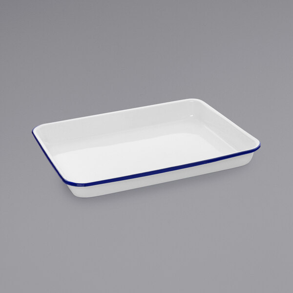 A white and blue rectangular enamelware tray.