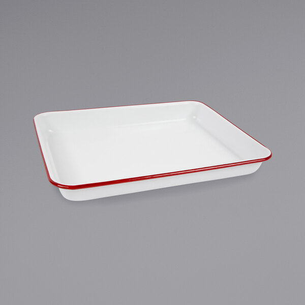A white and red rectangular tray with a red rolled rim.