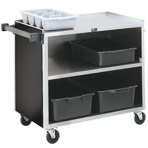 A black metal Vollrath utility cart with three trays on top.