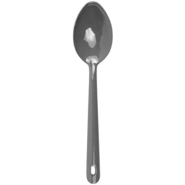 A grey Crow Canyon Home enamelware serving spoon with a white handle.