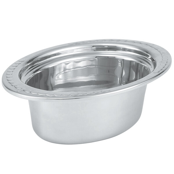 A Vollrath stainless steel oval food pan with a rim.