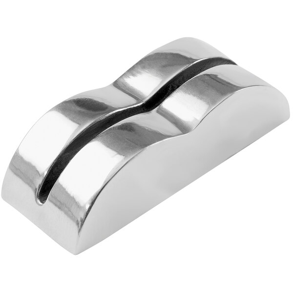 An American Metalcraft silver cast aluminum wave table card holder with two curved lines.