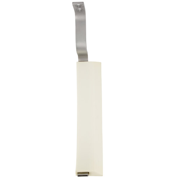 A white rectangular bowl scraper with a metal handle and silver blade.