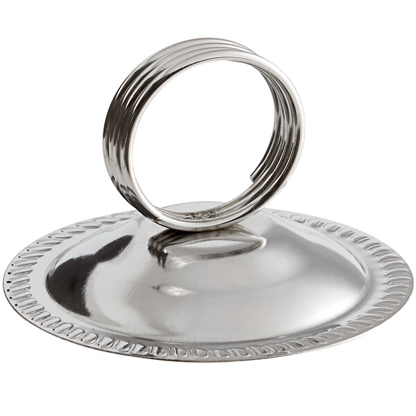 An American Metalcraft stainless steel low profile loop card holder with a ring on top.