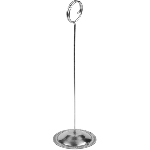 An American Metalcraft stainless steel table card holder with a circular metal base.
