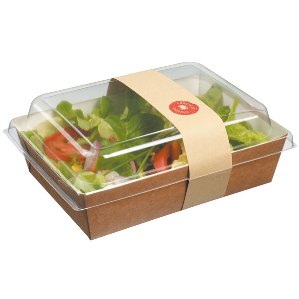 A Solia Kraft paper salad container with clear plastic lid containing salad.