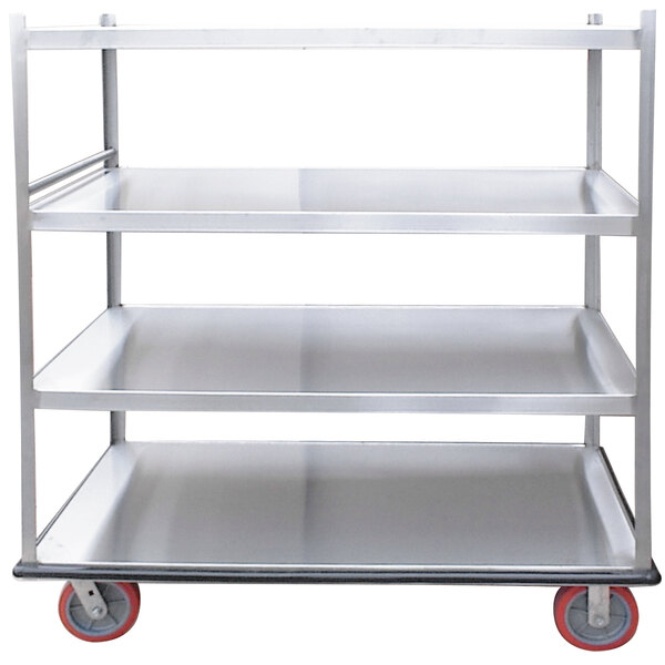 A stainless steel Winholt Queen Mary banquet service cart with 4 shelves on red wheels.