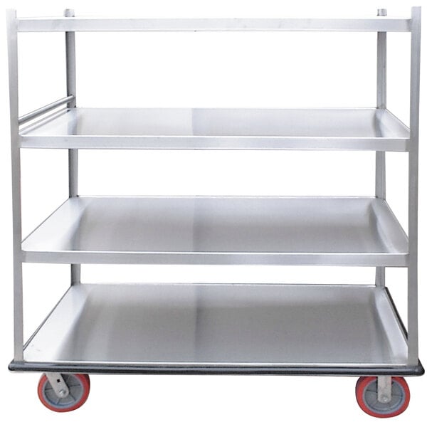 A silver metal Winholt Queen Mary banquet service cart with 4 shelves on red wheels.