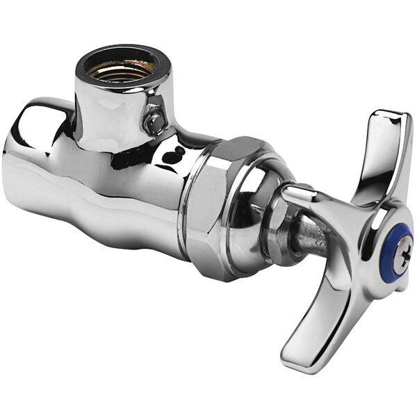 A chrome plated T&S angle stop with a blue four arm handle.