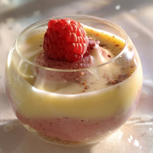 A Solia clear plastic dish filled with a dessert with a raspberry on top.