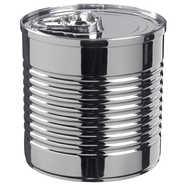 A silver plastic tin can with a lid.