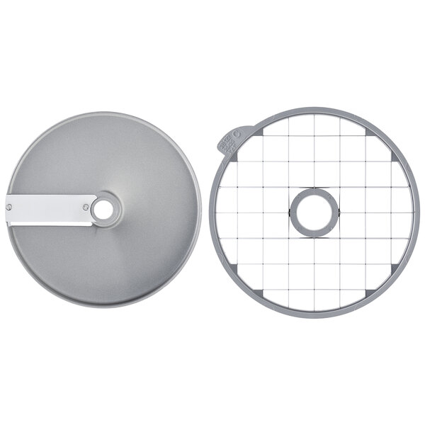 A circular metal disc with a white handle and grids on it.