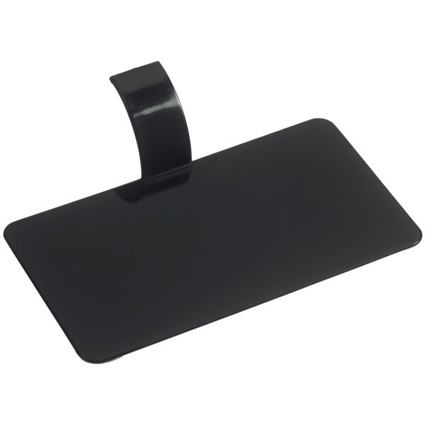 A black rectangular plastic pastry display with a metal clip.