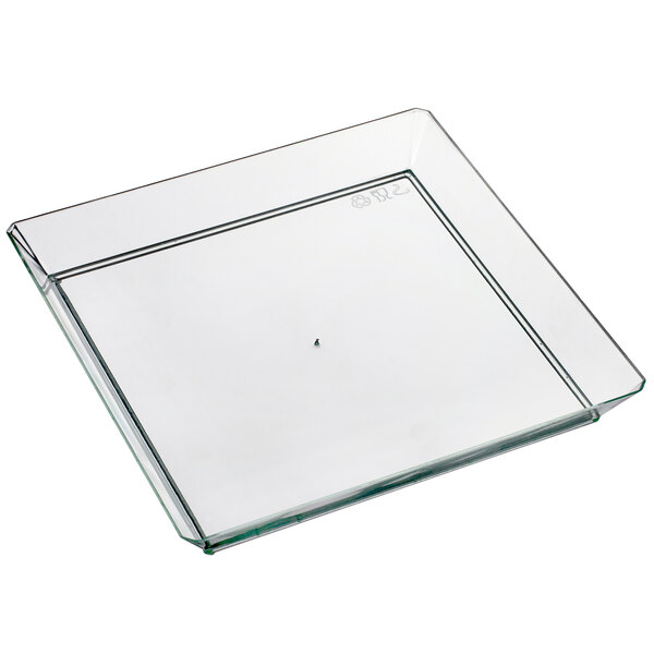 A green Solia plastic square plate with a small hole in the middle.