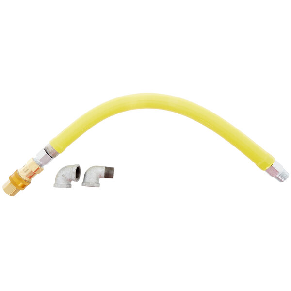 A yellow flexible gas hose with silver fittings.