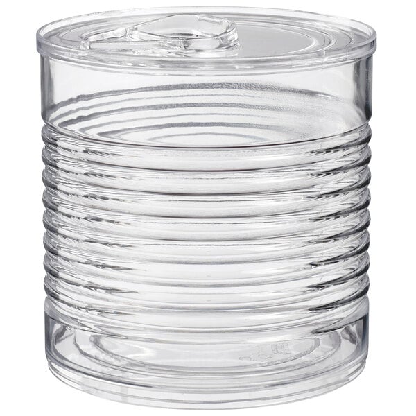 A Solia clear plastic tin can with a lid.