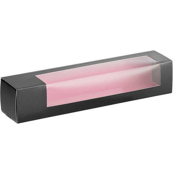 A black rectangular Solia box with a clear plastic window and a pink lid.