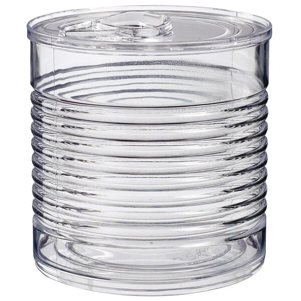 A Solia clear plastic tin can with a lid.