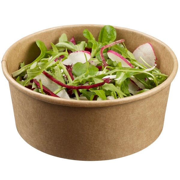 A Solia kraft salad bowl filled with lettuce and radishes.