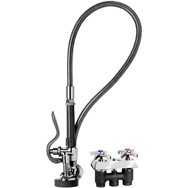 A T&S chrome pre-rinse spray valve with hose and wall hook.