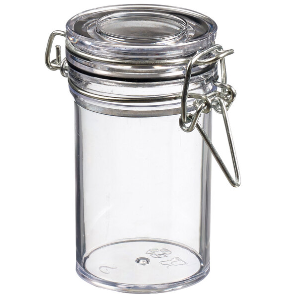 A clear plastic jar with a metal lid.
