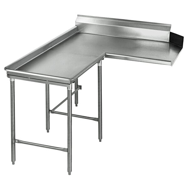 A stainless steel L-shape dishtable with a corner.