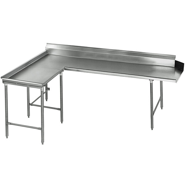 A stainless steel Eagle Group L-shape dishtable with a table top.