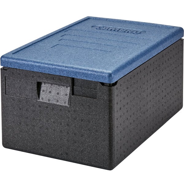 A black plastic Cambro Cam GoBox with a blue lid.