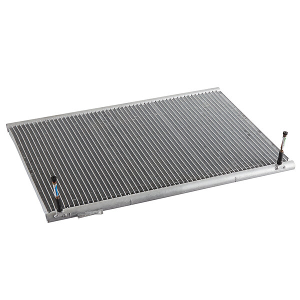 A metal Avantco Ice microchannel condenser with black and blue objects.