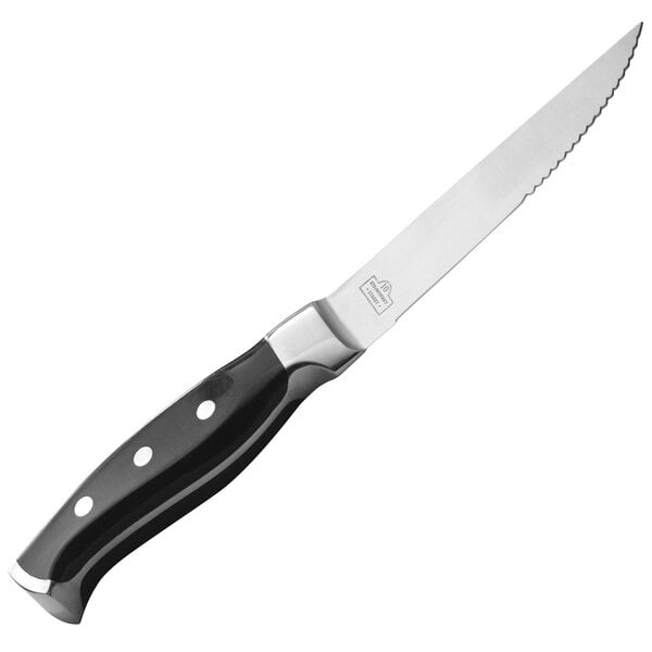 A 10 Strawberry Street stainless steel steak knife with a black handle.