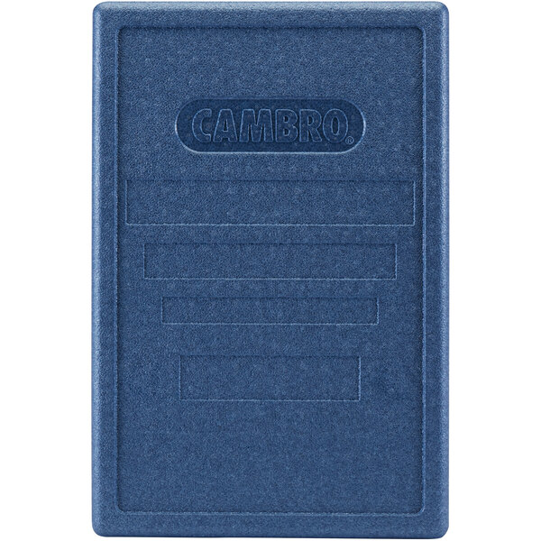 A blue rectangular plastic lid with the word "Cambro" on it.