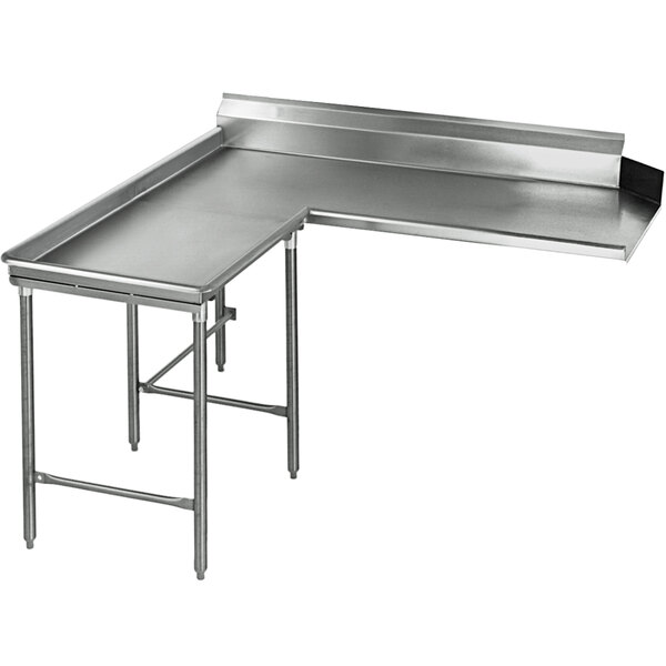 A Eagle Group stainless steel L-shape dishtable with legs.