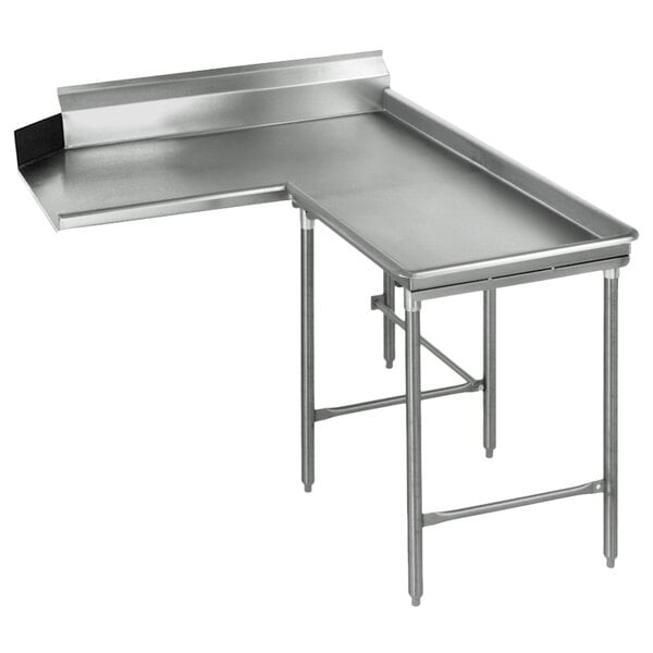 A stainless steel Eagle Group dishtable with a right angle corner.