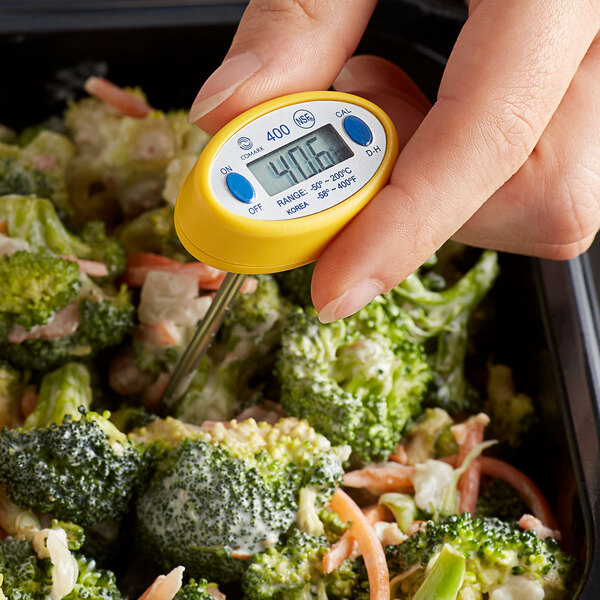 A hand holding a Comark digital pocket probe thermometer over a salad.