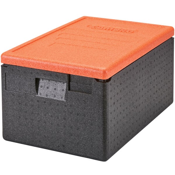 A black and orange plastic Cambro Cam GoBox with a black lid.