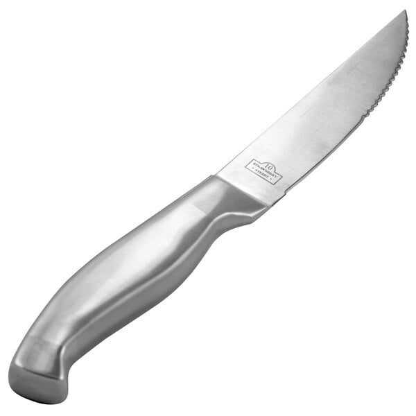 A close-up of a 10 Strawberry Street stainless steel steak knife with a silver handle.
