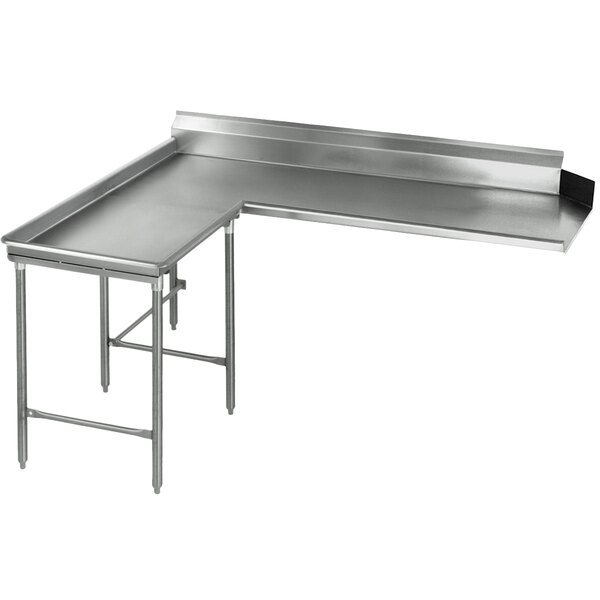 A stainless steel L-shape dishtable with legs.