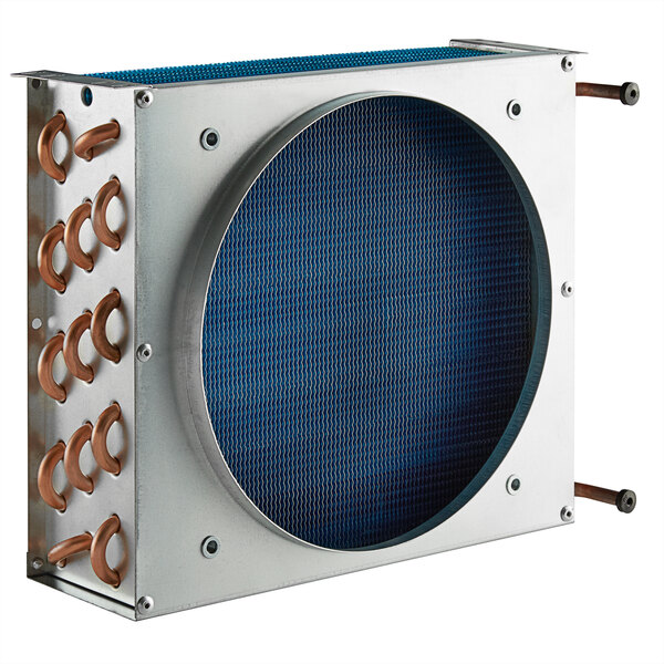 An Avantco condenser with a blue circle and copper pipes.