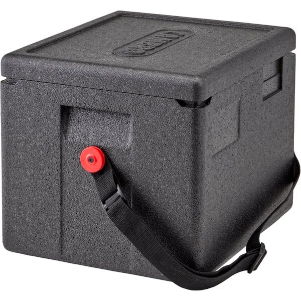 A black Cambro Cam GoBox food pan carrier with a red strap.
